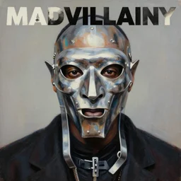 a portrait of mf doom with his metal mask on. oil painting by rembrandt. madvillainy album cover