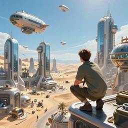 Point of view shot of a young man crouching on the ledge of a tall building peering at an advanced high tech Sci fi bustling steampunk city with flying air ships over it and tall glass buildings located in a sand desert, bright sunny day blue sky, digital painting, artstation, matte painting, highly detailed, intricate, concept art, game art, octane render, 8k, unreal engine