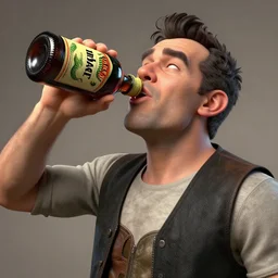 barry chuckle chugging a bottle of snake oil, artwork by richard corben, 3 d, high resolution 8 k