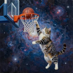 an expressive oil painting of a cat dunking a basketball into the milky way universe. nebula explosion, stars