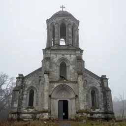 An ancient church in ruins, covered in mist by Simon Stålenhag and Thomas Kinkade