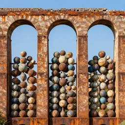 aqueduct 3 6 0 panorama escher style pattern of colorful balls sculpture in the ancient greek style with the texture of old rust