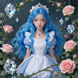 Alice in Wonderland,a portrait of a beautiful blue hair girl,Diamonds Blaze,Rose twining,luxuriant,dreamy, eternity, romantic,highly detailed,in the style of Franz Xaver Winterhalter, highly detailed,in the style of Aetherpunk
