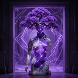 a mannequin sculpted of onyx wearing a crown of purple bonsai trees by billelis + lit with geometric neon printed lavender kintsugi!!! + doorway to a new dimension with geometric fractal vaporwave light, transcendent, clean linework, dramatic, moody, finely detailed, 4 k, trending on artstation, award winning, photorealistic, volumetric lighting, octane render