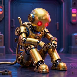 on the floor sits a sad golden and blue metal humanoid steampunk robots wearing and gears and tubes, eyes are glowing red lightbulbs, shiny crisp finish, 3 d render, 8 k, insaneley detailed, fluorescent colors, background is backdoor entrance to a futuristic nightclub, nightlight