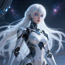 photo of a cyborg girl on a space ship, warframe armor, beautiful, perfect face!, scifi, nebula reflections, futuristic background, slim figure, dreamy, long white hair, blue cyborg eyes, glowing, 8 k high definition, insanely detailed, intricate, innocent, art by akihiko yoshida, antilous chao, li zixin, woo kim
