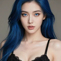 a beautiful portrait, sexy fantasy. professionally retouched, soft lighting, wearing sexy black dessous, realistic, hyperrealistic hyperdetailed smooth face, perfect blue eyes, long blue hair with black highleights, wide angle, sharp focus on the eyes, 8 k high definition, insanely detailed, intricate, elegant, art by artgerm and wlop