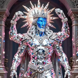hyper detailed ultra sharp portrait of baroque and bladerunner delicate neon diamond sculpture of seductive muscular albino king jesus, diamond pink sphinx iridescent humanoid deity wearing metallic hoody made out of hands holding the sun prismatic dungeon, glowing blue face, crown of white diamonds, cinematic lighting, photorealistic, octane render 8 k depth of field 3 d