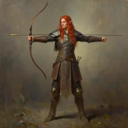 elven archer with long red hair, wearing elven tribal ornamented armor, full body concept, by beksinski, weta workshop concept art, edward hooper, oil painting
