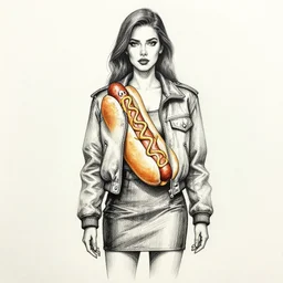 in jacket and skirt, black ink liner pen sketch of a woman dressed like a hotdog, realistic style by gnomon and marvel, gnomon, boris vallejo, gnomon, high quality paper, gnomon