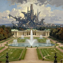 infinite dimension of the late summer palace lawns, splendorous fountains and classical architecture, by thomas cole. gargantuan futuristic mechanised citadel in the distance by simon stalenhag and paul lasaine. luminism, genre painting, romanticism, naturalism, endless, neverending epic scale, volumetric lighting