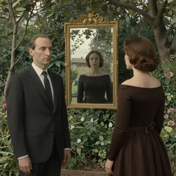 Man and a woman in a garden with a mirror in the style of Magritte