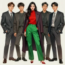 digital painting of beautiful woman wearing a red top, green cargo pants, long tailored coat by artgerm, siwoo kim, jason chan, kim jung gi, intricated, detailed, full body shot