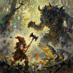 dwarf with battle axe fights the alligator demon in misty swamp, green yellow orange and black coloration, illustration painting, frank frazetta daarken