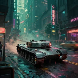 a tank in the middle of a street cyberpunk