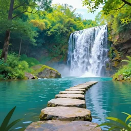 a colorful forest environment with a waterfall and stepping stones in the lake