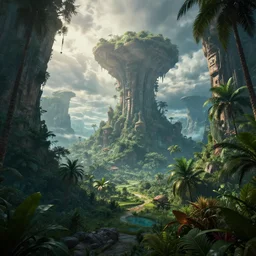 Amazing tropical alien landscape, cinematic, dramatic volumetric lighting, epic composition, 8K Ultra HD, high detail, Octane render