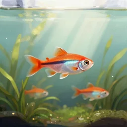 painterly pleasing illustration, ember tetra planted aquarium, brush stroke stylization, placid morning rays, unreal, adorable planted cute cluttered aquarium with little fishies, dotted flitting impressions, lowcontrast, trending on pixiv,