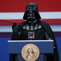 photograph of darth vader speaking at a political rally