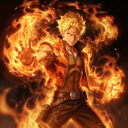 character art by tom bagshaw, young man, blonde hair, on fire, fire powers