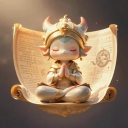 a tiny creature floating while meditating and wrapped in sacred scrolls, smooth, intricate, elegant, digital painting, artstation, concept art, sharp focus, octane render, illustration, art by ayami kojima, apex legends character,
