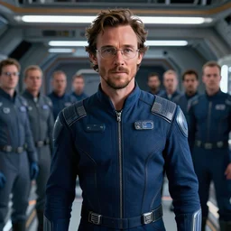 cinematic portrait of matthew mcconaughey in dark blue futuristic jumpsuit, wearing eyeglasses, space station at background, high detail, 8 k, sharp focus, movie still, dramatic lighting, ray tracing, smooth, lane brown, finnstark, oleg bulakh, diego fazio, mike dargas, emanuele dascanio, felix englund, michal karcz