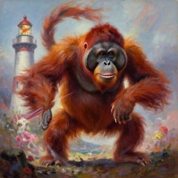 red orangutan stomp at lighthouse, oil painting, tooth wu, greg rutkowski, rpg portrait, dynamic lighting, fantasy art, high contrast, colorfull, godrays, depth of field, close up, distant view, floral explosion