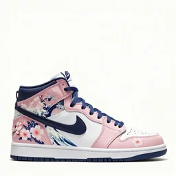 nike high top sneakers concept shot, designed with cherry blossom motifs in the style of hokusai and akira toriyama