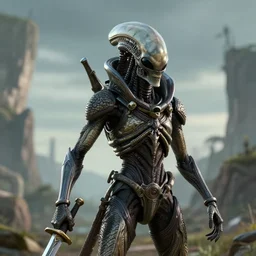 alien brainsucker warrior training with a sword in a beautiful place, view from distance, perfect face, fine details, studio lighting, subtle shadows, art by katsuya terada, photorealism, hyper realism, octane render, hyper detailed, canon eos r 3, f / 1. 4, iso 2 0 0, 1 / 1 6 0 s, medium shot, 8 k, raw, unedited, in - frame,