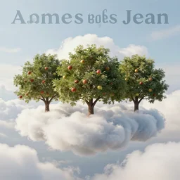 “a fluffy cloudscape floating above 3 apple trees, album art in the style of James Jean”