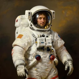 heron cosmonaut, proudly posing for a portrait, painted by rembrandt, intricate, detailed, atmospheric lighting, golden hour.