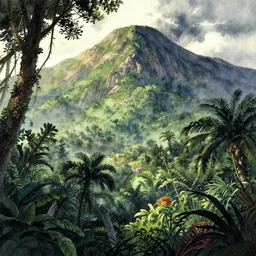 jungle in the shadow of a mountain watercolor, dramatic lighting,, cinematic, establishing shot, extremely high detail, foto realistic, cinematic lighting, pen and ink, intricate line drawings, by Yoshitaka Amano, Ruan Jia, Kentaro Miura, Artgerm, post processed, concept art, artstation, matte painting, style by eddie mendoza, raphael lacoste, alex ross,