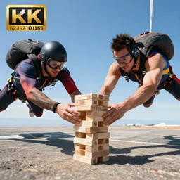 Photo of two skydivers playing a game of Jenga, highly-detailed 4K award-winning