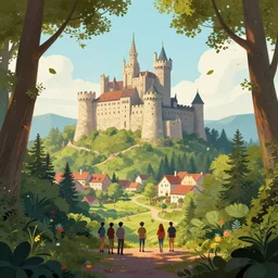 the background illustration of castle in the woods with a small village behind the scene. the background illustration is a direct - fire shot from a distance with a group of friends in the foreground and