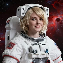 highly detailed portrait of a hopeful pretty astronaut lady with a wavy blonde hair, by Casey Weldon, 4k resolution, nier:automata inspired, bravely default inspired, vibrant but dreary but upflifting red, black and white color scheme!!! ((Space nebula background))