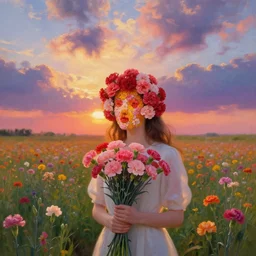 head made of carnations, girl standing in a vast flower field, holding flowers, surreal photography, sunrise dramatic light, impressionist painting, colorful clouds, large sky, digital painting, artstation, simon stalenhag, flower face