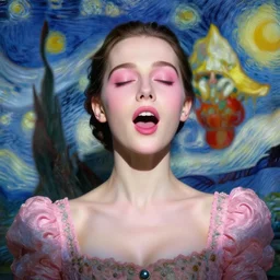 portrait of a beautiful girl, haute couture, eyes closed, open mouth, shades of pink, beautiful face, rule of thirds, intricate outfit, spotlight, by greg rutkowski, by jeremy mann, by francoise nielly, by van gogh, digital painting