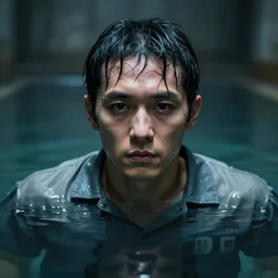 an ultra realistic, cinematic, fantasy, portrait, of a prisoner, face in water, dramatic, soft light, dreamy, facial features, stood in a cell, with prison clothing, detailed, deep focus, movie still, dramatic lighting, ray tracing, by michal karcz and yoshitaka amano