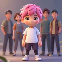 beautiful portrait of a cute boy with pink hair wearing tshirt and leggings under shorts. character design by cory loftis, fenghua zhong, ryohei hase, ismail inceoglu and ruan jia. artstation, volumetric light, detailed, photorealistic, fantasy, rendered in octane