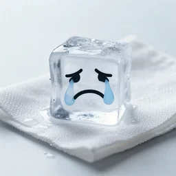 an ice cube with a comically sad face crying over a wet rag