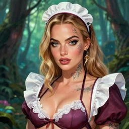 A beautiful female maid wearing a magical bikini in a magical forest, face like margot robbie, detailed face, tattooed, piercing gaze, fantasy art, in the style of artgerm, illustration, epic, fantasy, intricate, hyper detailed, artstation, concept art, smooth, sharp focus, ray tracing, vibrant