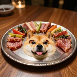 doge dog face charcuterie board, pieces of doge in the silver plate, wooden table, exquisite restaurant, five stars michellin, professional food shot, gourmet dish, with veggies. low light, bokeh, masterpiece.