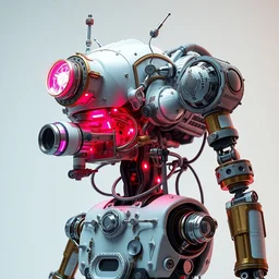 an intricate robot with bright neon hydraulics, exploding metal parts, body made from porcelain and brass, leather gloves, pastel colors, 1 9 5 0 sci - fi, studio lighting, full body, calm, art nouveau, steampunk, ambient occlusion, octane render, ultra detailed, artgerm, greg rutkowski, norman rockwell, tom bagshaw