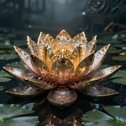 a huge mechanical water lilly, cinematic light, slightly steampunk, in the style of martin johnson heade and h. r. giger,