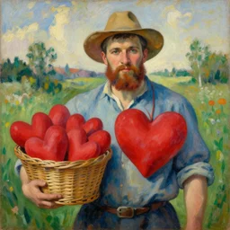 a beautiful painting of a russian instagram heart farmer. in his arm he has a basket full of hearts. in style of ilya repin, trending on artstation