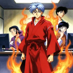 Spike Spiegel fire Wizard Mage Wearing a red robe whilst disguised as devil standing in the office uta natsume naoko rumiko takahashi katsuhiro otomo Alexey Egorov Inio Asano sui ishida anime mangaka