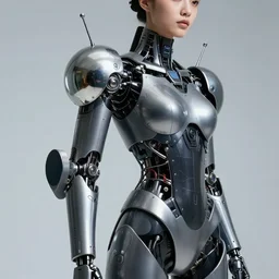 Close upper body shot. Artistically angled subject.  Professional studio portrait lighting. Technological female fashion photography. Mechanical cybernetic suit designed by Ikeuchi Hiroto. Wearable design. Hydraulics. Reflective domes. Intricate tech. Formfitting. Bulky wearables. Receiver Antennae.