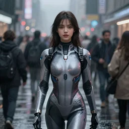 digital art. young woman wearing an [ [ [ [ [ [ [ eva suit ] ] ] ] ] ] ]. beautiful face. face visible. gorgeous. sweet face. high tech. walking down busy city street. crowds of people. medium close up. night. [ [ [ hazy ] ] ]. [ [ [ foggy ] ] ]. [ [ [ [ raining ] ] ] ]