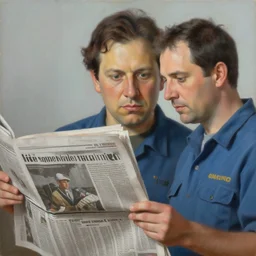 worker faces, newspaper, photorealistic painting, hyperrealistic painting, figurative art, poster art, by igor morski and mike winkelmann