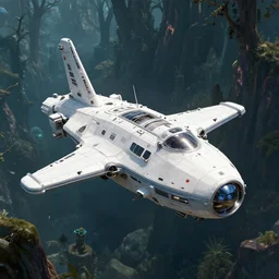 a spaceship at a spaceport on a strange alien planet, alien forest in background, from a space themed LucasArts point and click 2D graphic adventure game, made in 2019, high quality graphics